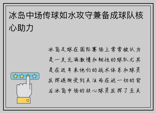 冰岛中场传球如水攻守兼备成球队核心助力