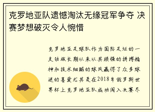 克罗地亚队遗憾淘汰无缘冠军争夺 决赛梦想破灭令人惋惜