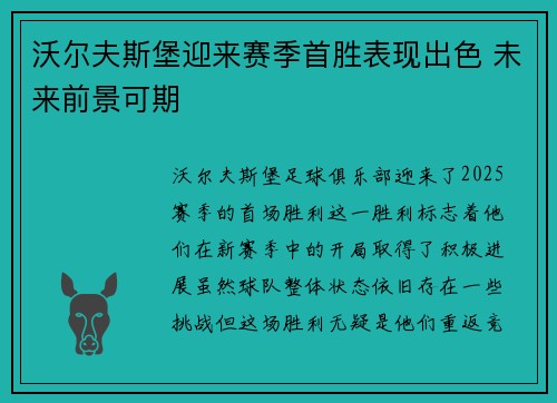 沃尔夫斯堡迎来赛季首胜表现出色 未来前景可期