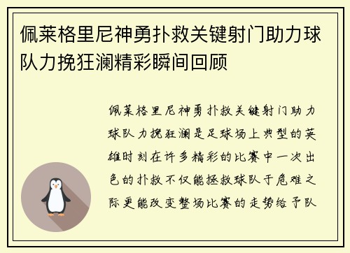 佩莱格里尼神勇扑救关键射门助力球队力挽狂澜精彩瞬间回顾
