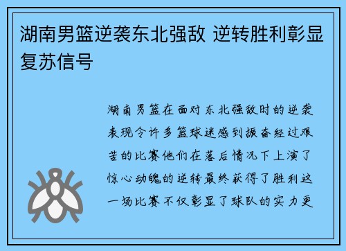 湖南男篮逆袭东北强敌 逆转胜利彰显复苏信号