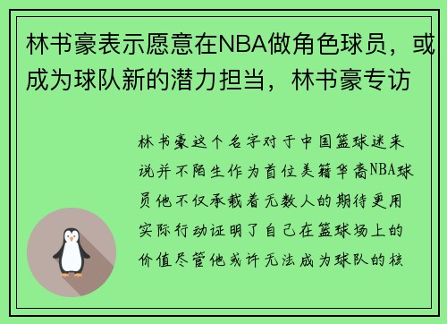 林书豪表示愿意在NBA做角色球员，或成为球队新的潜力担当，林书豪专访nba前线