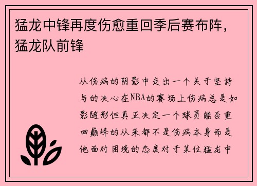 猛龙中锋再度伤愈重回季后赛布阵，猛龙队前锋