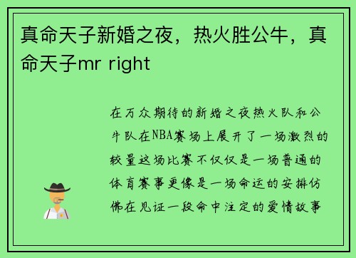 真命天子新婚之夜，热火胜公牛，真命天子mr right