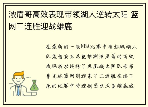 浓眉哥高效表现带领湖人逆转太阳 篮网三连胜迎战雄鹿