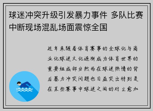 球迷冲突升级引发暴力事件 多队比赛中断现场混乱场面震惊全国